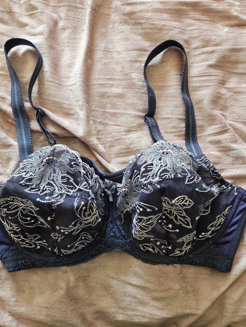 Polish Lingerie Steel Blue Underwire Bra, White Floral Embroidery, 40C-D